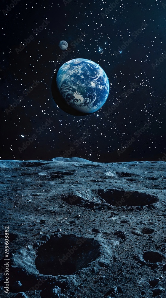 Moon and Earth Moon with craters in deep black space Moonwalk Earth at night Elements of this image furnished by NASA - obrazy, fototapety, plakaty 