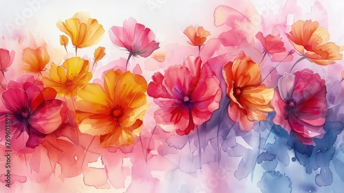 Rich Watercolor Blooms with Saturated Pigments on Paper Texture, Vibrant Depiction of Anemones in Shades of Pink and Blue, Concept of Floral Artistry and Elegance 
