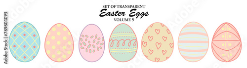 A series of isolated decorations for Easter day in cute hand drawn style. Easter Eggs in colorful pastel colors on transparent background. Elements for coloring book or festival design. Volume 5. photo