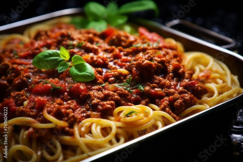 Juicy spaghetti bolognese on a metal tray against a frosted glass background
