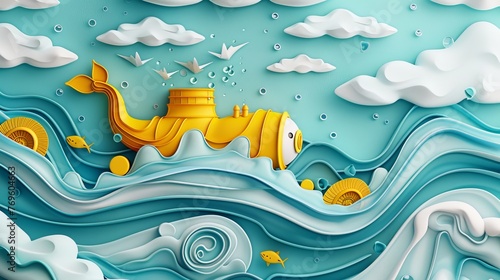 Cartoon yellow submarine underwater in 3d style