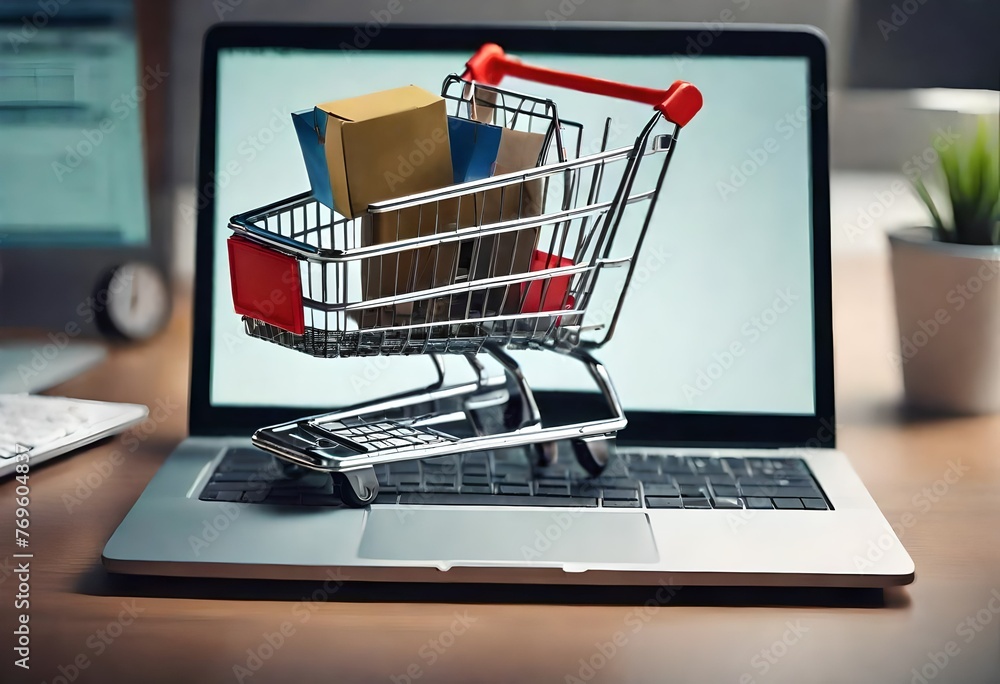 Laptop on desk with mini shopping cart on top, online shopping concept