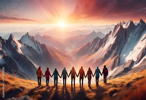 Panoramic view of team of people holding hands and helping each other reach the mountain top in spectacular mountain sunset, landscape. photo