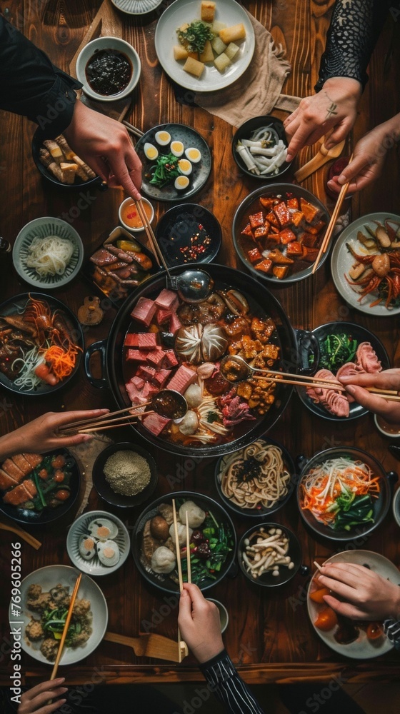 An overhead shot of a sukiyaki party bowls and chopsticks in hand An overhead shot of a sukiyaki party bowls and chopsticks in hand