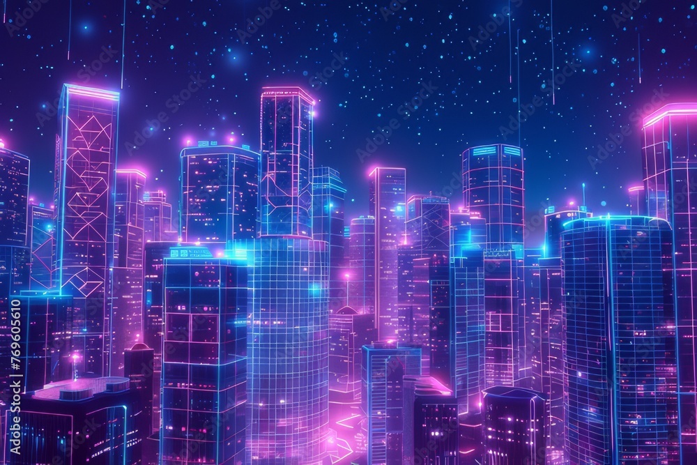 Rooftop view of cityscape with skyscrapers and holographic overlays.