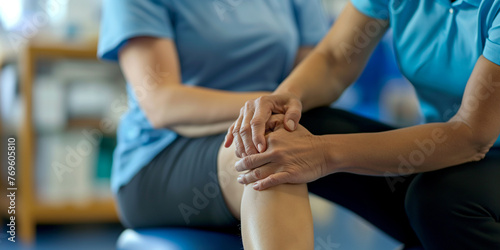 Physiotherapeut tastet das Knie eines Patienten ab.
