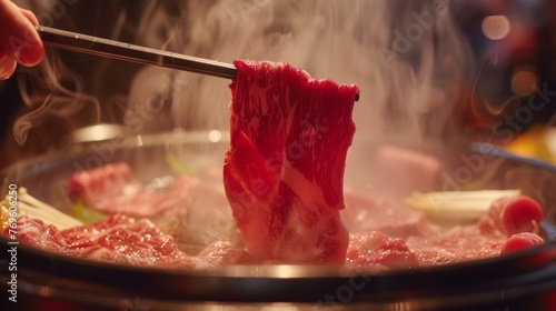 The ritual of dipping thinly sliced beef into a pot a moment frozen in time photo