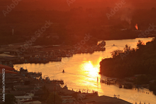 Panoramic view of Fisherman Village during sunset time Shot from Khao Matsee Viewpoint (Matsee Mountain) Chumphon Province, Thailand 