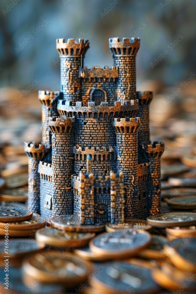 Financial goals visualized as fortresses amidst a siege of market volatility