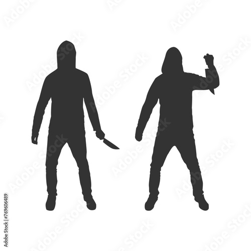Criminal Silhouette with a Knife in a Hood. People and social issues concept vector