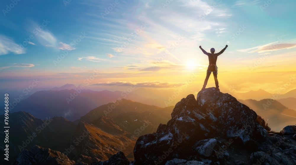 silhouette of man standing and stretching arms on mountain peak ,freedom concept