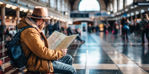A traveler browsing a map while sitting on a bench in a train station. 