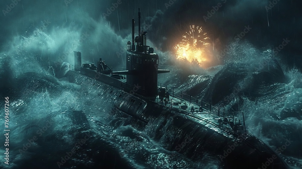 submarine on the sea ,battle,Fireworks at sea Medium CloseUpMCU , rough waves - obrazy, fototapety, plakaty 