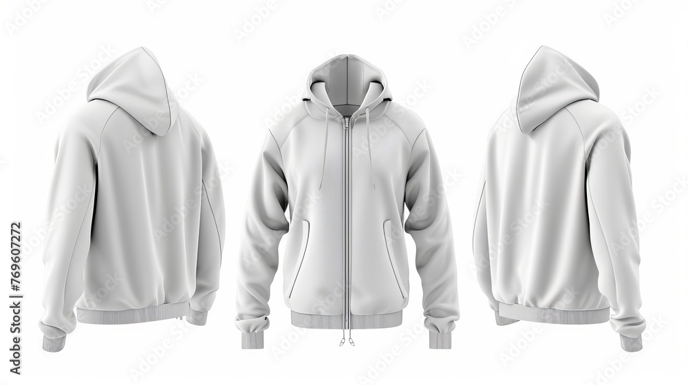 A 3D illustration of a blank tracksuit top or jacket, designed for sportswear, shown from the front, side, and back A 3D illustration of a blank tracksuit top or jacket, designed for sportswear, shown from the front, side, and back