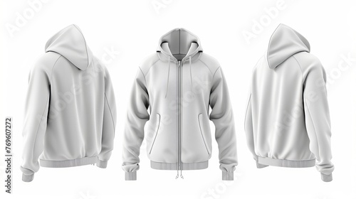 A 3D illustration of a blank tracksuit top or jacket, designed for sportswear, shown from the front, side, and back photo