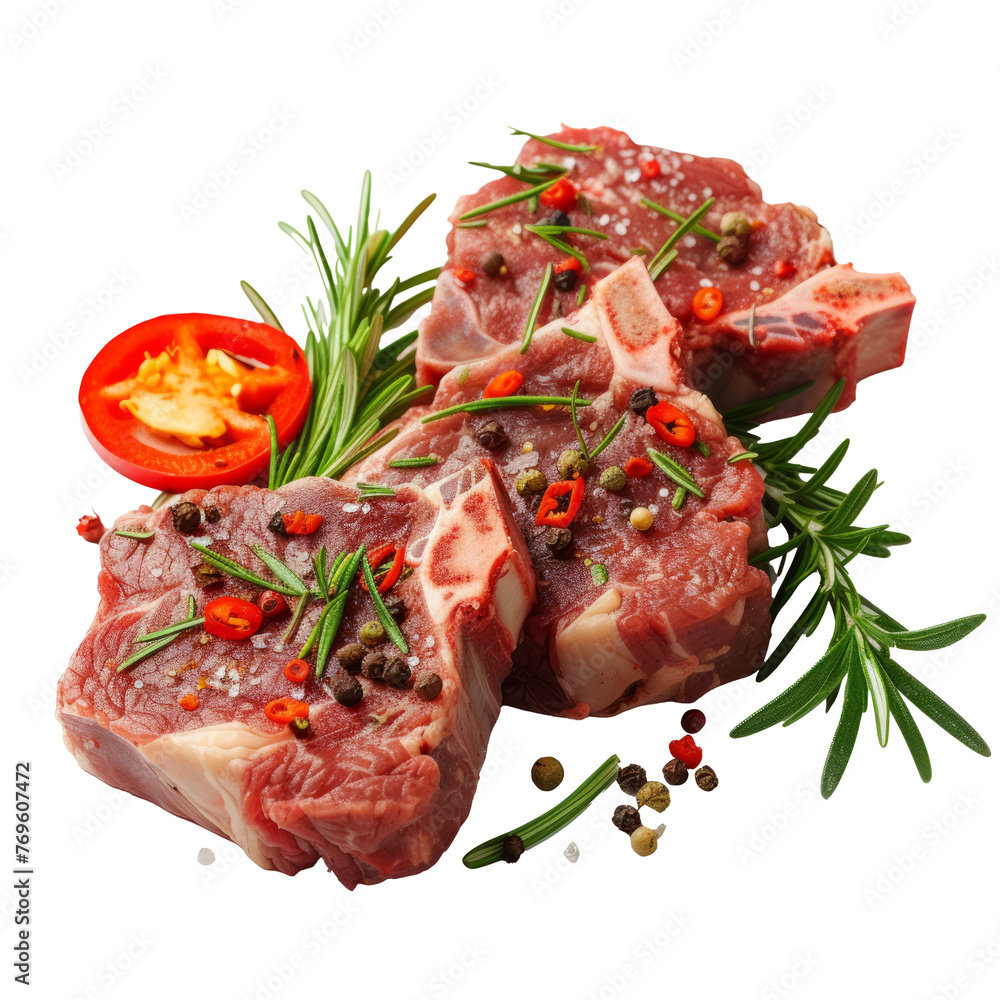 mutton meat with herbs and mixed peppers isolated on transparent background With clipping path. cut out. 3d render