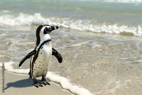 AI-Created Image of a Penguin on a Sandy Beach under Sunlight. Perfect for Educational and Nature Themes. Eco-friendly Representation in Photos. AI