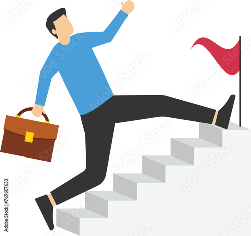 Shortcut or progress in career development or working to achieve the target, skipping steps to achieve goal or beginner mistake by trying hard way to success concept, businessman skipping steps to ach