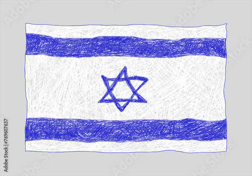 The flag of Israel drawn in children's style with pencils