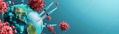 Design a dynamic and impactful image showcasing a tilted angle view of a globe surrounded by a network of syringes, symbolizing the global vaccination efforts Incorporate elements representing  photo