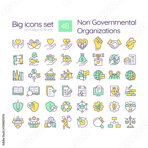 Non governmental organization RGB color icons set. Human rights. Nonprofits. Community service. Isolated vector illustrations. Simple filled line drawings collection. Editable stroke