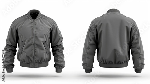 A blank men's bomber jacket with a zipper, showcased in front, back, and side views, isolated on a white backdrop for clear viewing photo