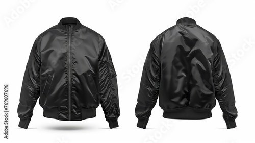 A bomber jacket in black, shown from both front and back views, isolated on a white background