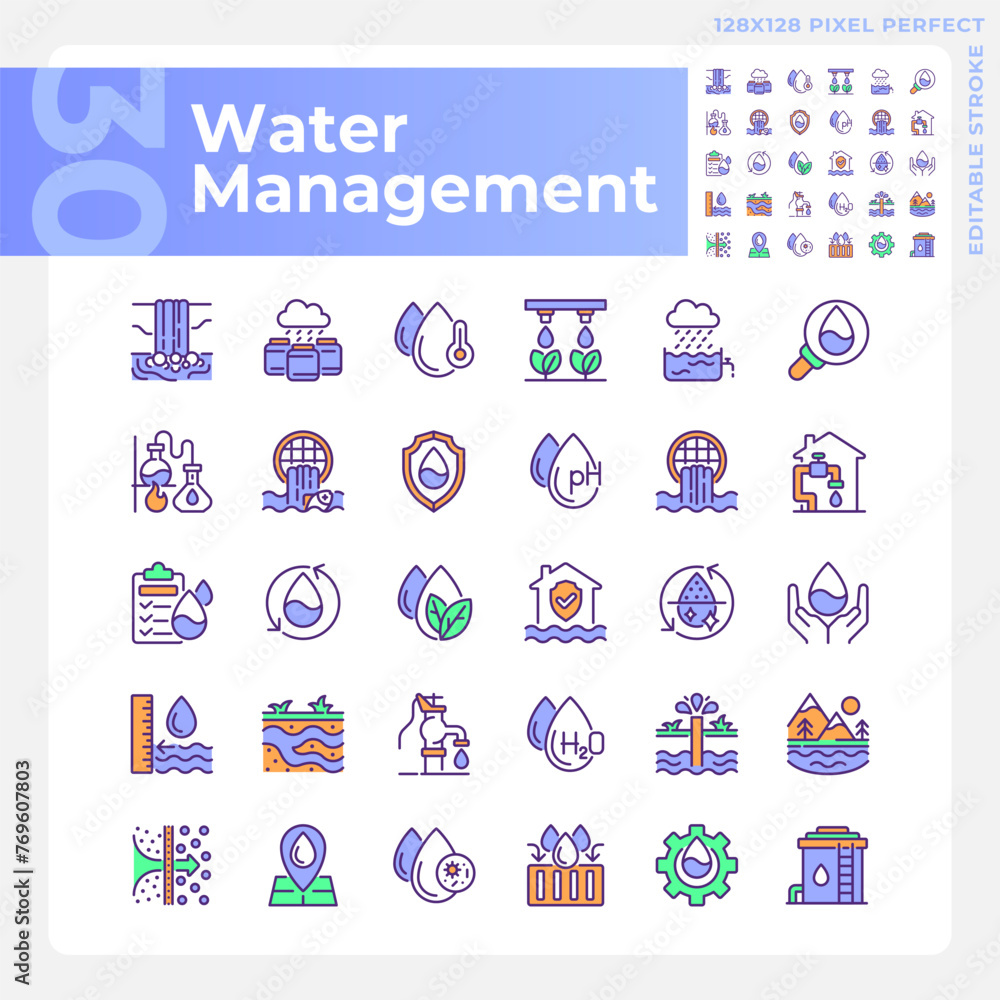 Water management RGB color icons set. Water industry. Groundwater. Water conservation. Isolated vector illustrations. Simple filled line drawings collection. Editable stroke. Pixel perfect