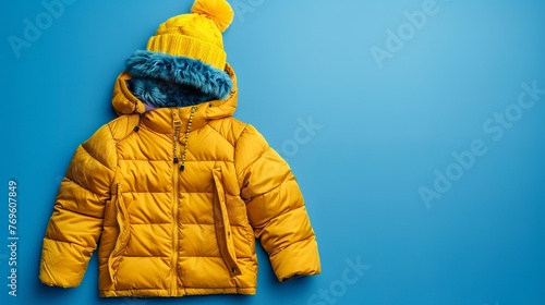 A children's warm puffer jacket paired with a yellow hat, displayed on a blue background for a stylish winter outfit