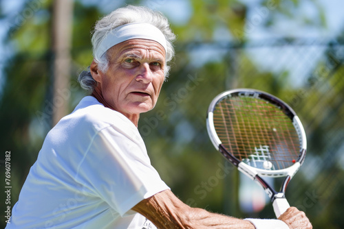 Portrait of senior man playing tennis on sunny day in the park  © PixelGallery
