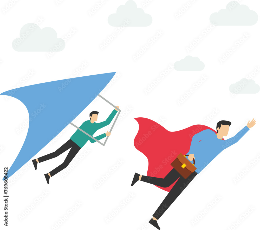 teamwork or union, professional people to help business success, strength or team support concept, superpowers to develop business fast, business team members superhero flying high in the sky.