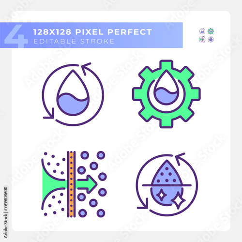 Water treatment RGB color icons set. Osmosis and desalination. Filtration process. Potable water. Isolated vector illustrations. Simple filled line drawings collection. Editable stroke. Pixel perfect