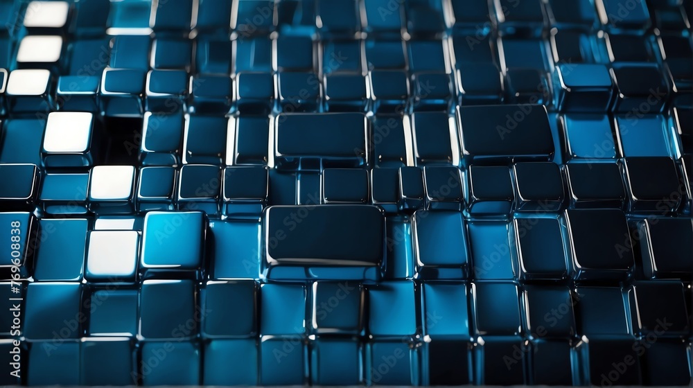 Fototapeta premium Futuristic blue shiny metallic square rectangular geometric sheets pattern background abstract minimalist modern technology ene from Generative AI