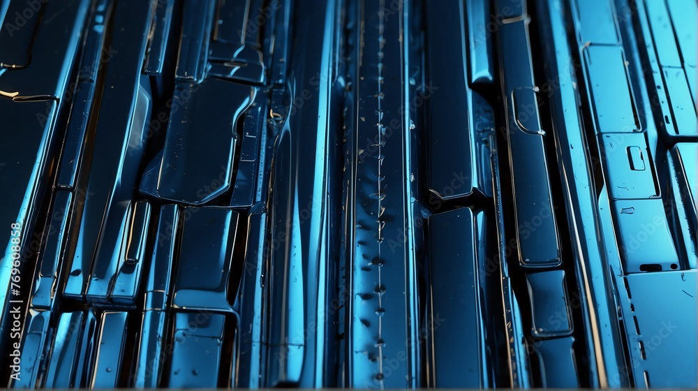 Obraz premium Futuristic Blue shiny metallic straight sheets pattern background abstract concept of stillness hard minimalist modern tech from Generative AI