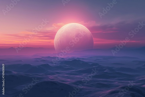 Space landscape. Desert landscape on the surface of another planet with mountains and giant moon in space. Extraterrestrial landscape, scenery of alien planet in deep space.