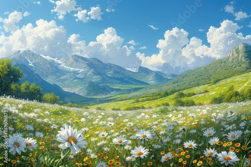 Expansive View of a Daisy-Covered Hillside Overlooking Majestic Mountains, Depicting the Serenity and Splendor of a Springtime Valley 