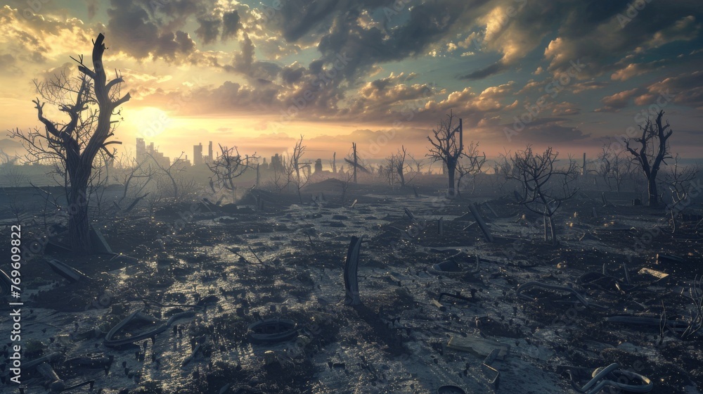 Wasteland landscape pattern, with silhouettes of dead trees, scattered debris, and distant ruins under a bleak sky, desolation of post-apocalyptic world created with Generative AI Technology - obrazy, fototapety, plakaty 