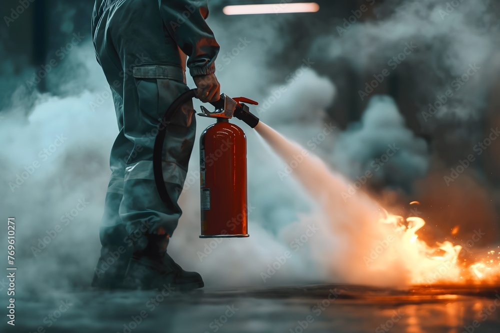 Obraz premium A person in coveralls is holding a fire extinguisher and using it to put out a fire