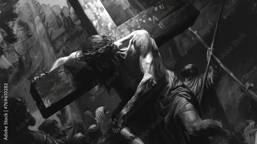 The Via Crucis: An Artistic Black and White Interpretation of Jesus Carrying the Cross, Symbolizing Sacrifice and Redemption

