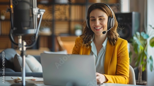 Professional woman in headset smiling during a webinar. Home office setup with microphone and laptop. Online communication and remote work concept. AI photo