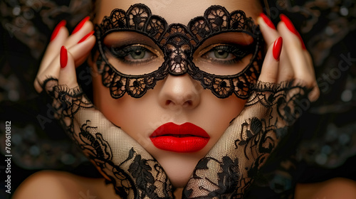 Beautiful portrait Woman with Black Lace Mask over her Eyes and hands. Red Plump Sexy Lips, Masquerade, costume party