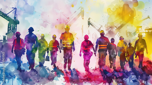 Group of workman in watercolor style , Generative Ai. Labor day concept. photo