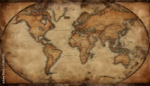 Antique Weathered World Map On Aged Parchment VI