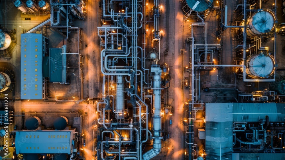 Aerial View of Industrial Plant at Twilight