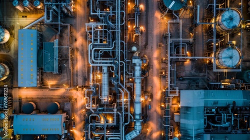 Aerial View of Industrial Plant at Twilight
