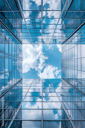 A modern office building view from below