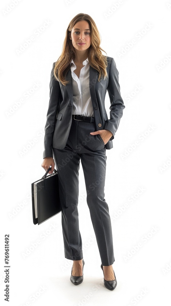 Portrait of Business woman in a business outfit, holding a laptop or briefcase on white background Portrait of Business woman in a business outfit, holding a laptop or briefcase on white background