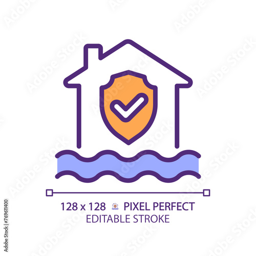 Flood protection RGB color icon. House with checkmark above water. Water damage prevention. Isolated vector illustration. Simple filled line drawing. Editable stroke. Pixel perfect