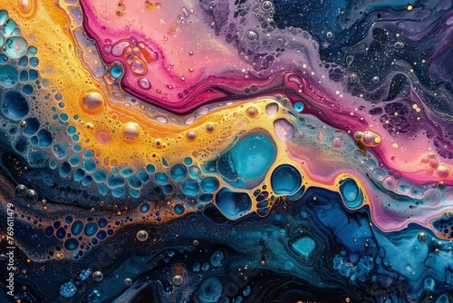 Vivid Acrylic Pour Art with Fluid Abstract Patterns and Bubbles , Wallpaper , Digital art