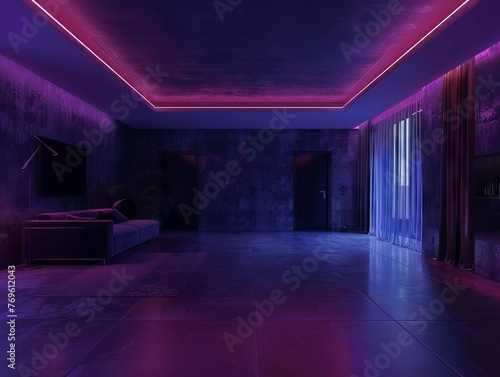 horror interior, retrofuturistic dark toned room interiour with dimmed lights 